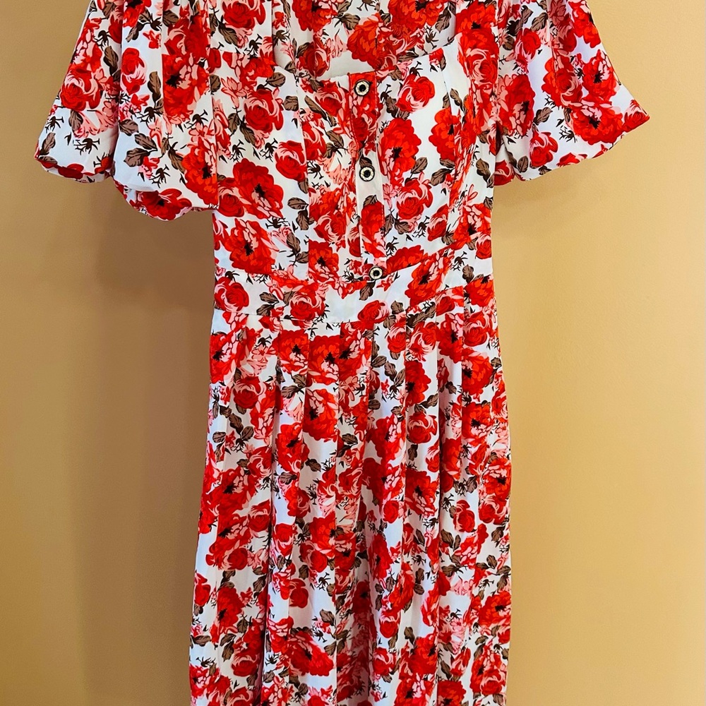 Floral Red and White Dress